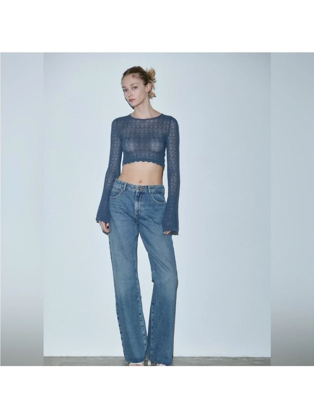 Zara Pointelle Knit Bell Sleeve Top – Blue – Size M